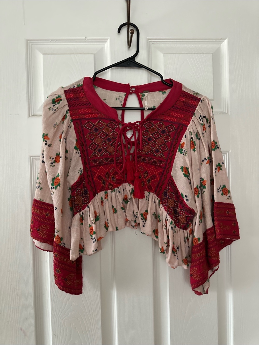 Free People Red & Cream Embroidered Lace-Up Peasant Top